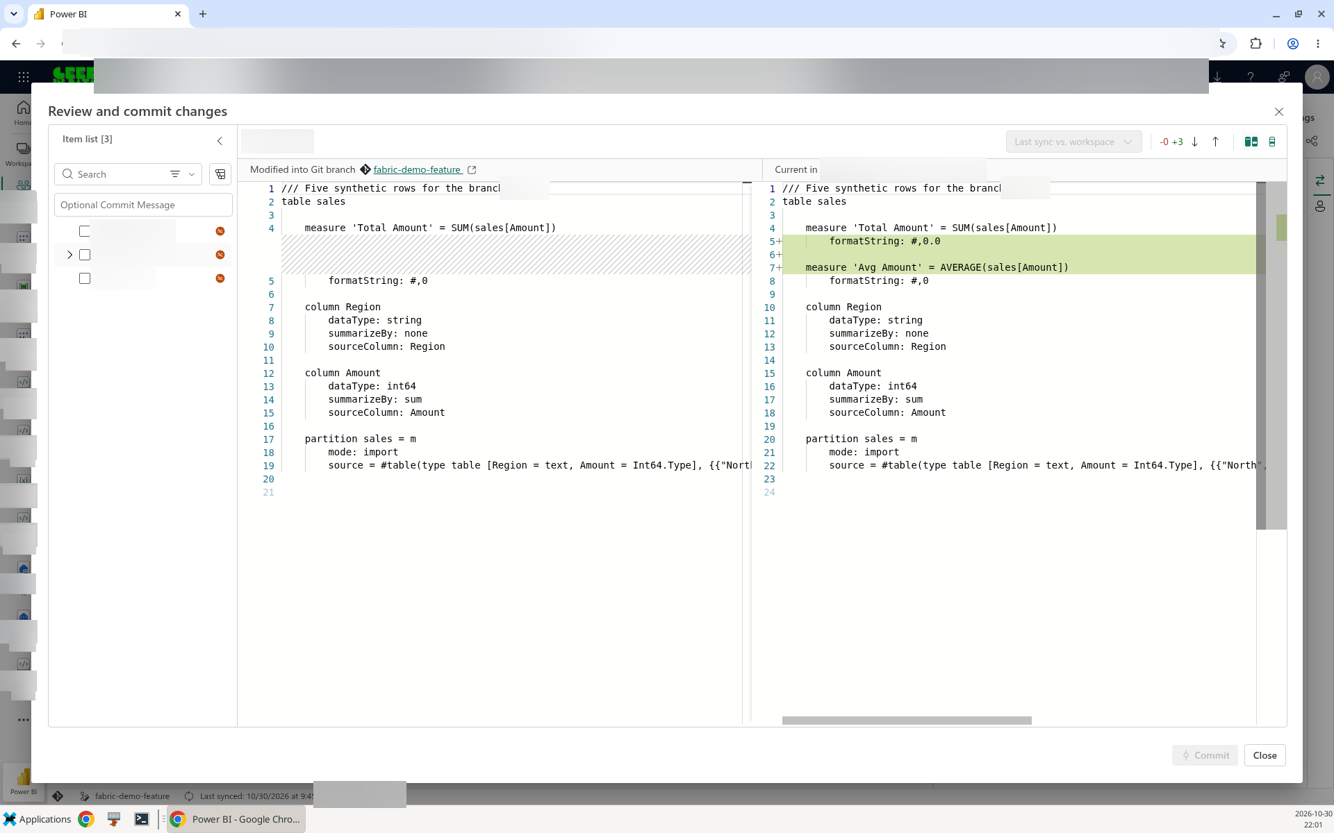 Side by side compare of a TMDL file with the old and new format string highlighted