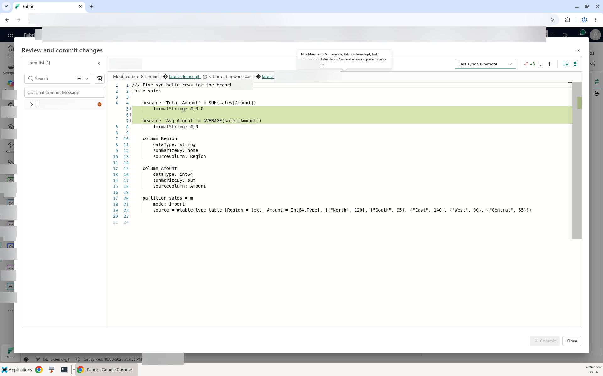 Compare view on the conflicted semantic model in Last sync vs. remote mode, with the compare mode drop-down at the top right