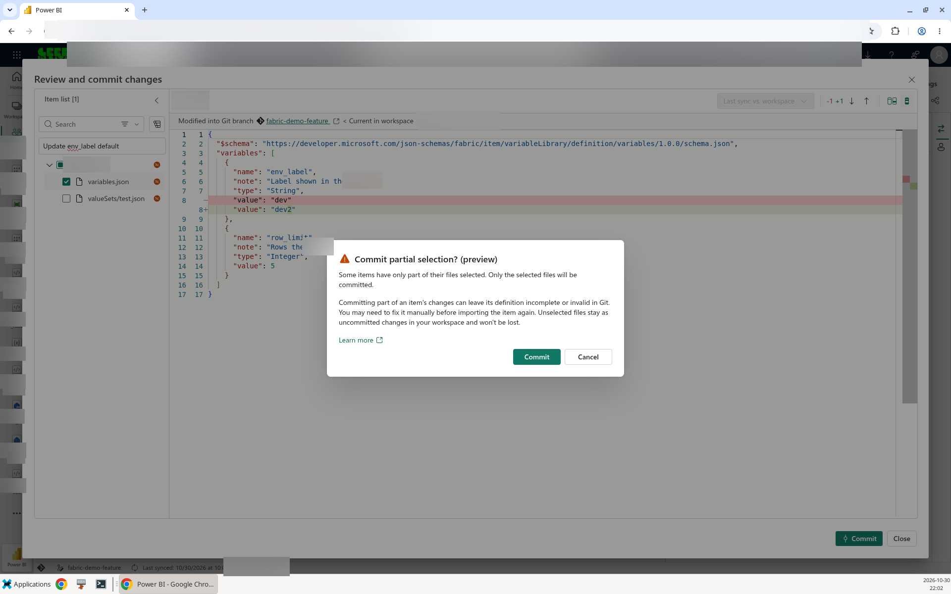 Commit partial selection dialog warning that committing part of an item can leave its definition incomplete or invalid in Git