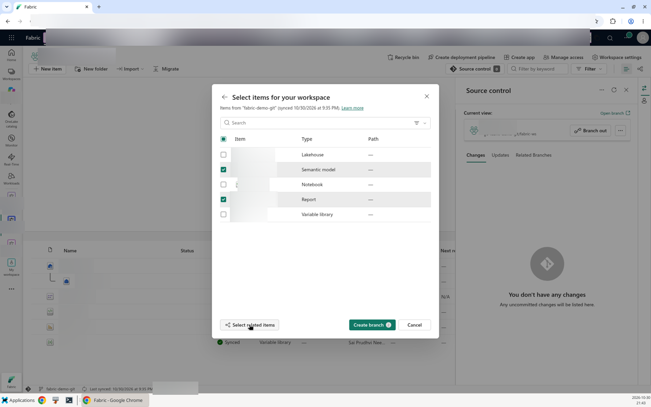 Select items dialog with the report and the semantic model ticked and the Select related items button highlighted