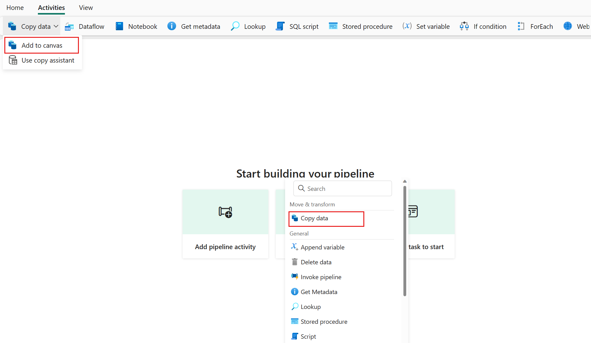 Add copy activity to a Fabric pipeline canvas