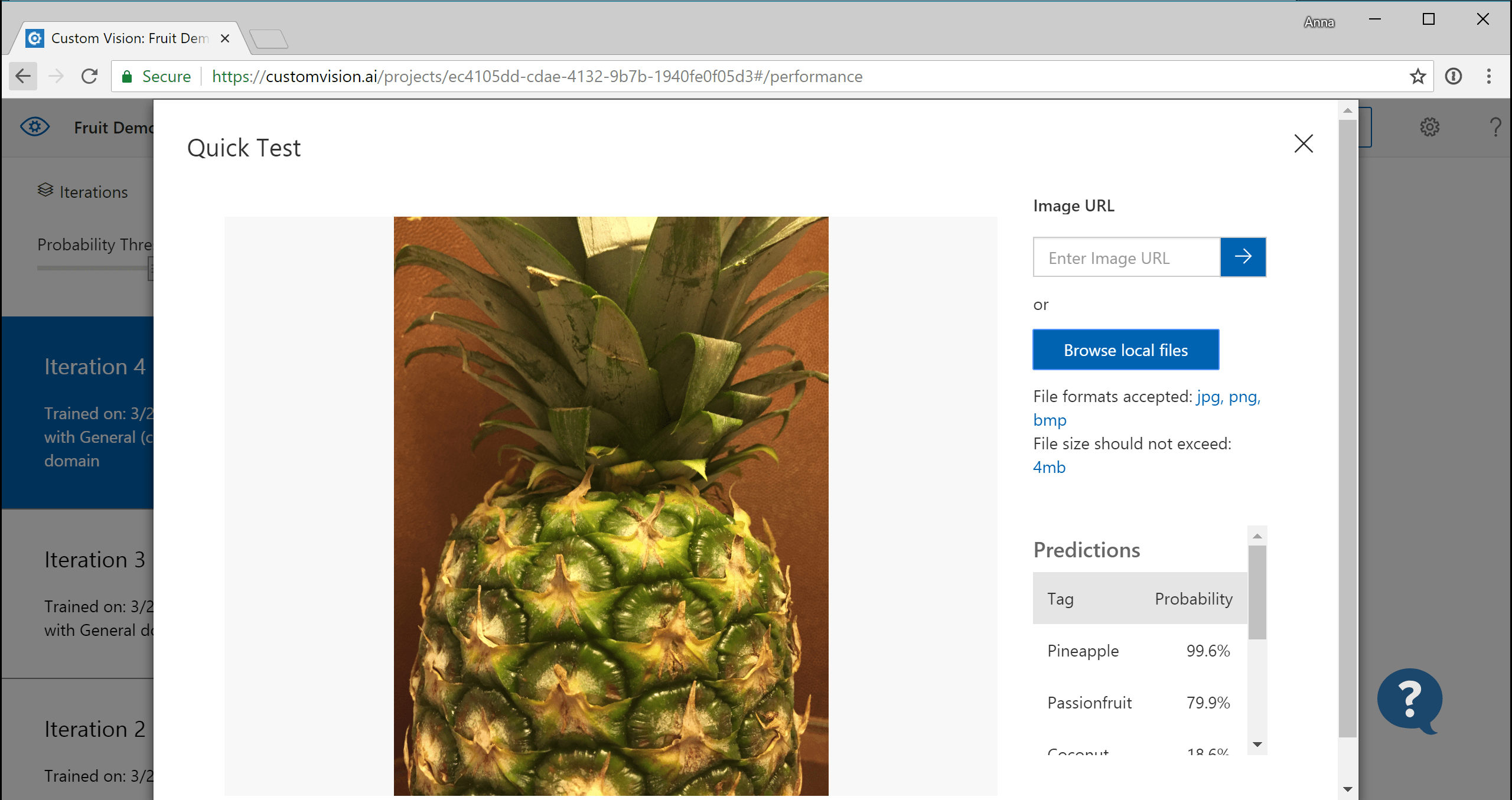 Custom Vision example of labeled image classes