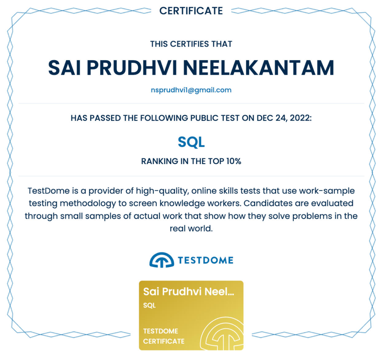 SQL Top 10% Examination Certificate