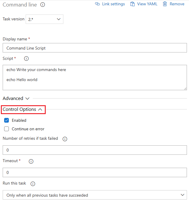 Azure Pipelines task control options
