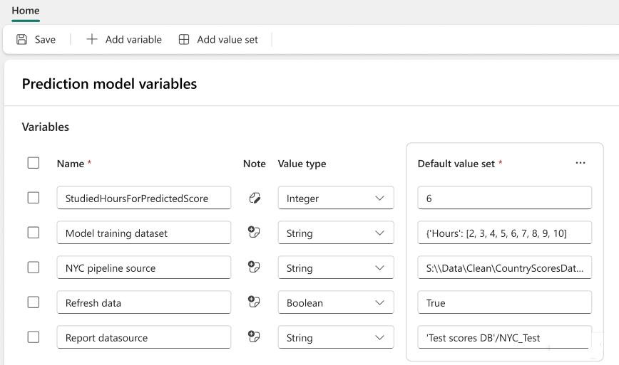 Define values in a Fabric Variable Library