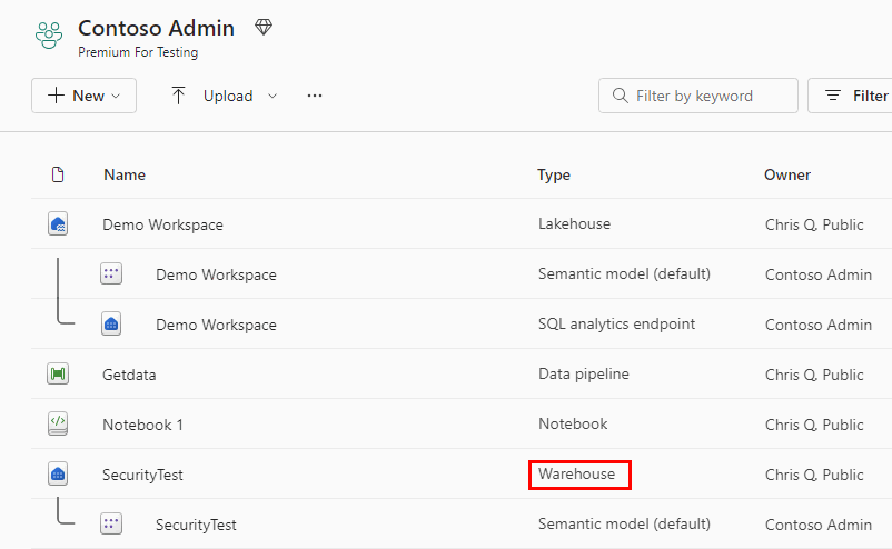 Warehouse item type in Microsoft Fabric